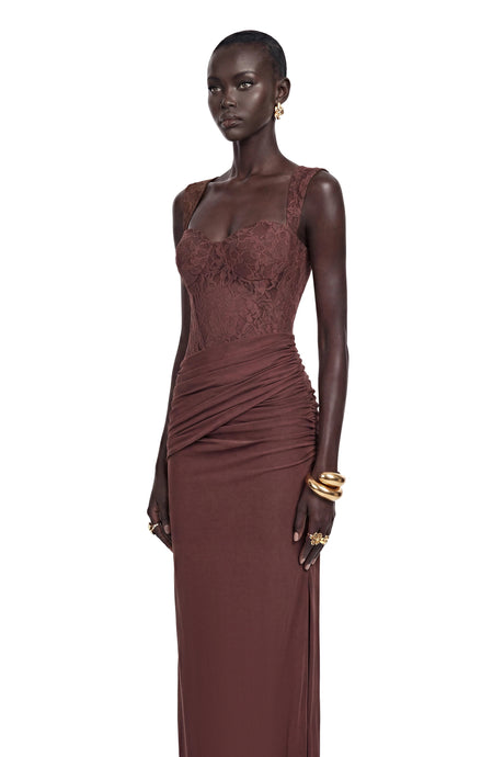 Quinn Maxi Dress Chocolate Brown Ruched with Lace Panels