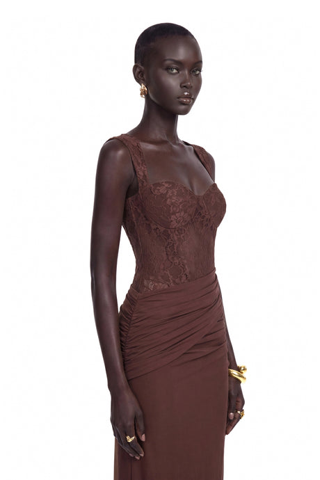 Quinn Maxi Dress Chocolate Brown Ruched with Lace Panels