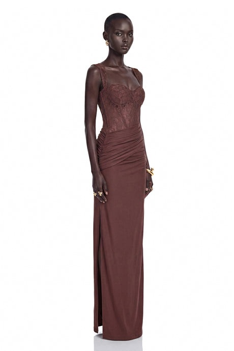Quinn Maxi Dress Chocolate Brown Ruched with Lace Panels