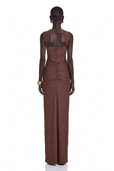 Quinn Maxi Dress Chocolate Brown Ruched with Lace Panels