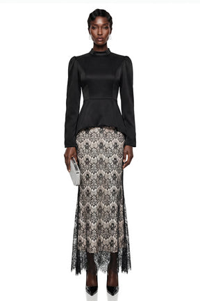 Deborah Black Mock Neck Maxi Dress with Lace Panels