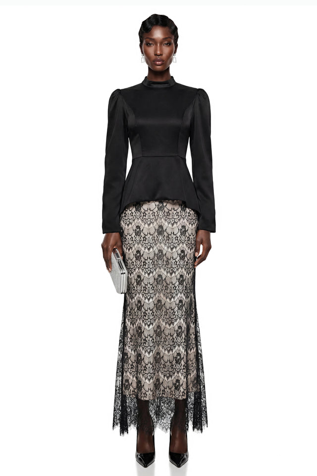Deborah Black Mock Neck Maxi Dress with Lace Panels