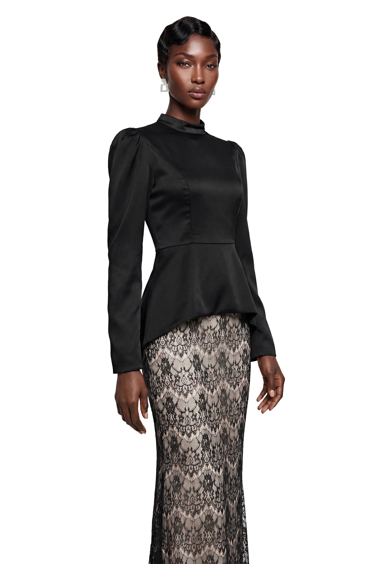 Deborah Black Mock Neck Maxi Dress with Lace Panels