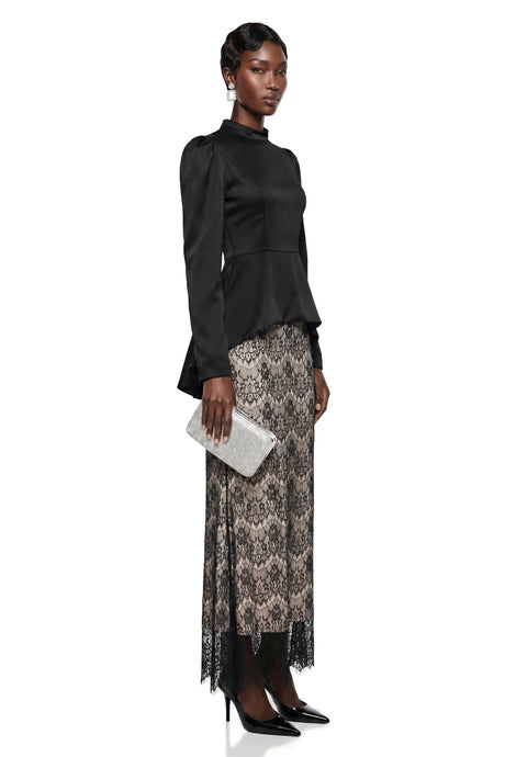 Eden Maxi Dress Black Mock Neck with Lace Panels