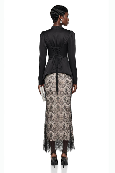Eden Maxi Dress Black Mock Neck with Lace Panels