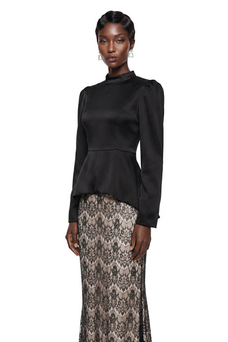 Eden Maxi Dress Black Mock Neck with Lace Panels