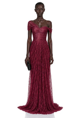 Defne Burgundy One Shoulder Ruched Lace Maxi Dress