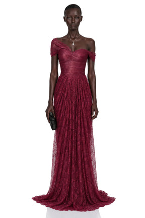 Defne Burgundy One Shoulder Ruched Lace Maxi Dress