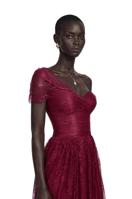 Sofia Maxi Dress Burgundy One Shoulder Ruched Lace