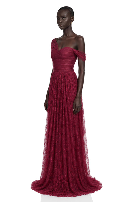 Sofia Maxi Dress Burgundy One Shoulder Ruched Lace