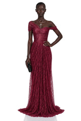 Defne Burgundy One Shoulder Ruched Lace Maxi Dress