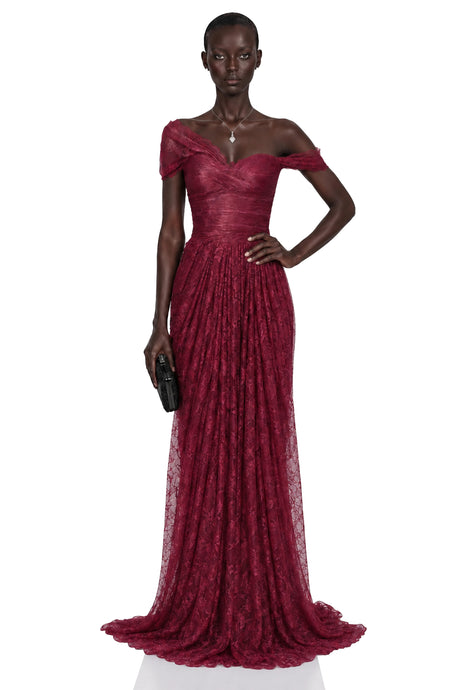 Sofia Maxi Dress Burgundy One Shoulder Ruched Lace