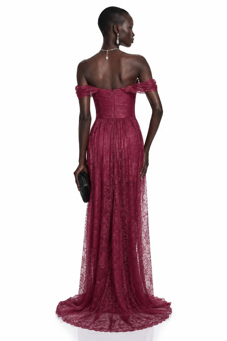 Sofia Maxi Dress Burgundy One Shoulder Ruched Lace