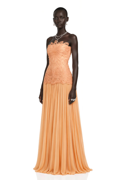 Alana Maxi Dress Orange Pleated with Floral Applique