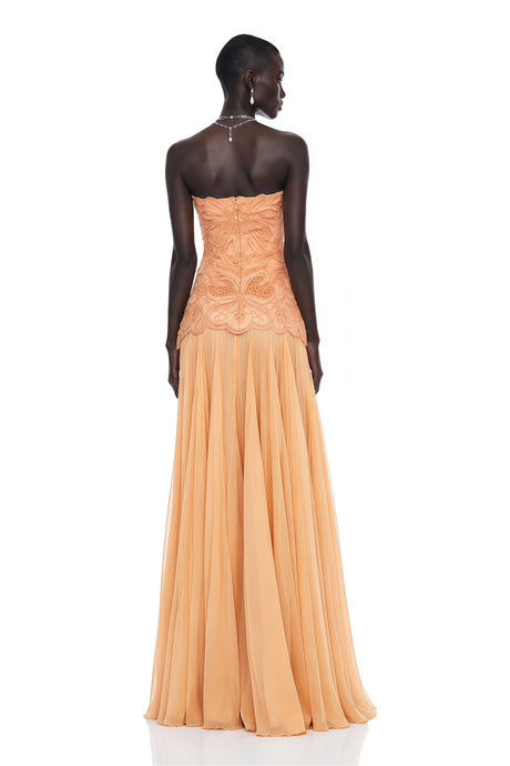 Alana Maxi Dress Orange Pleated with Floral Applique