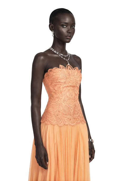 Alana Maxi Dress Orange Pleated with Floral Applique