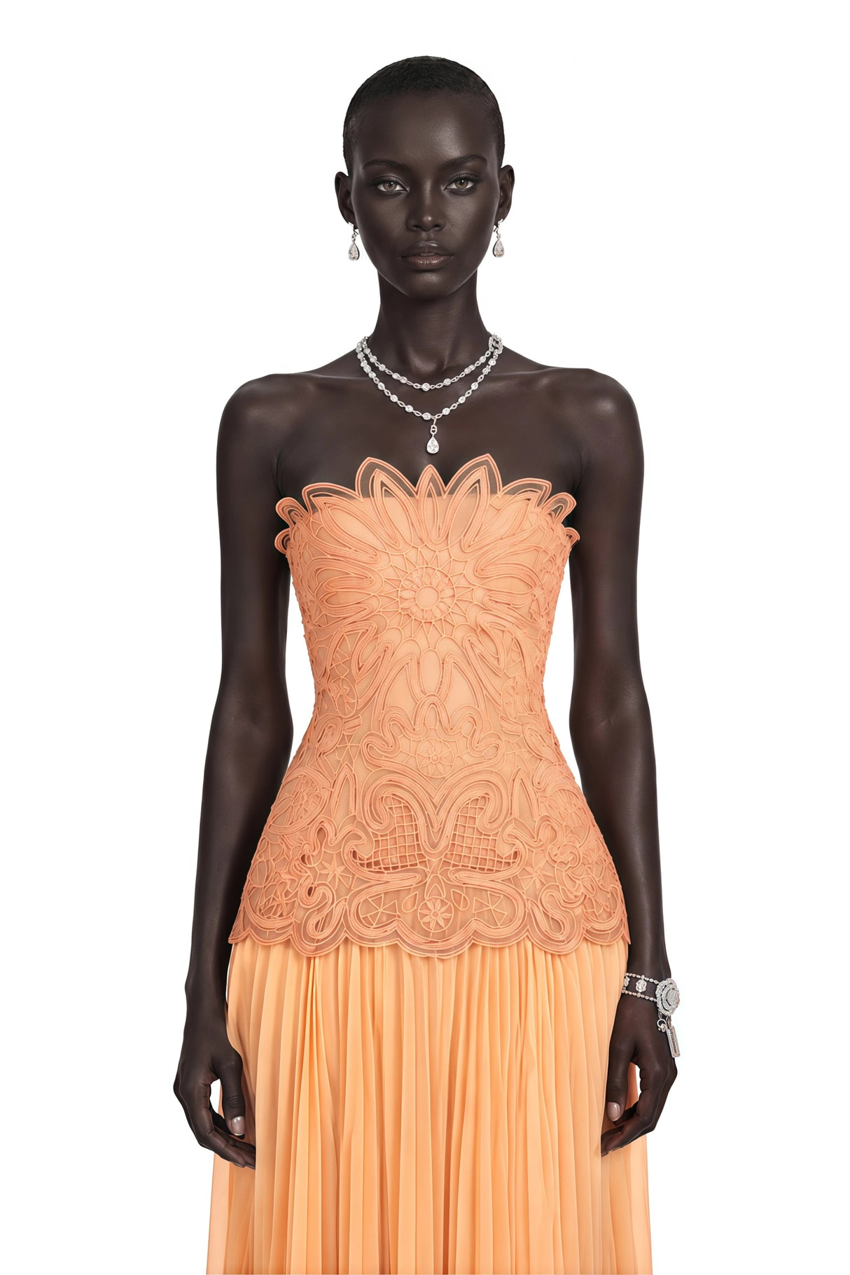 Defne Orange Pleated Maxi Dress with Floral Applique