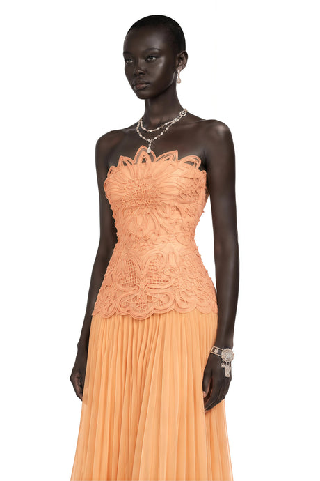 Alana Maxi Dress Orange Pleated with Floral Applique