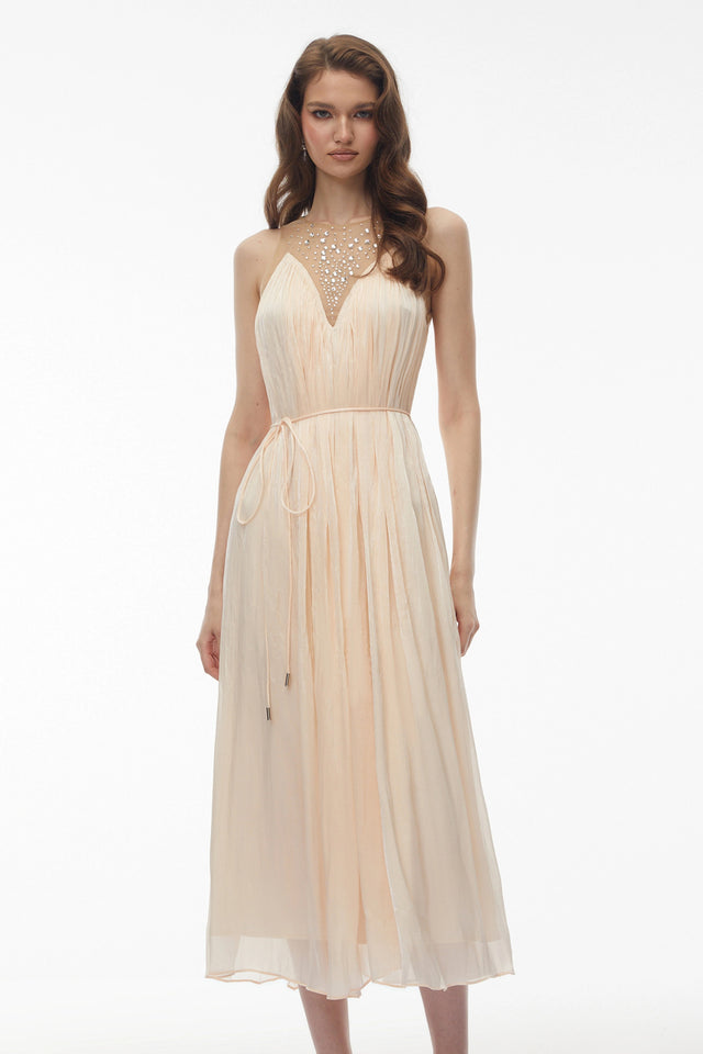 Deirdre Pink Embellishment Ruched Midi Dress