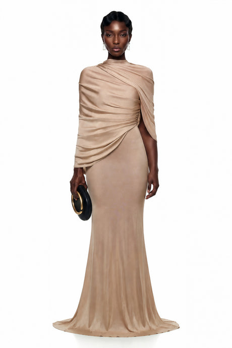 Santa Maxi Dress Beige Draped Cape Asymmetrical