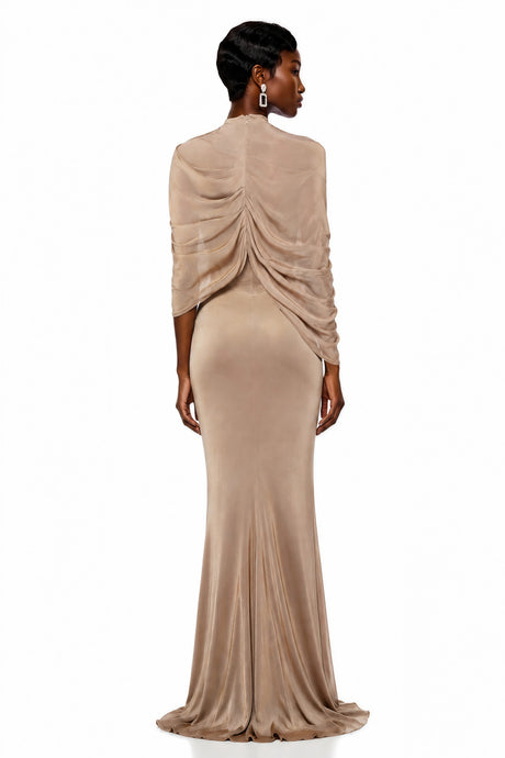 Santa Maxi Dress Beige Draped Cape Asymmetrical
