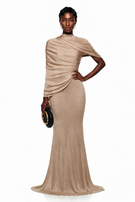 Santa Maxi Dress Beige Draped Cape Asymmetrical