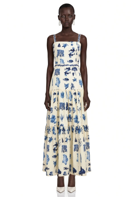 Andromeda Midi Dress Blue Floral Print with Spaghetti Straps