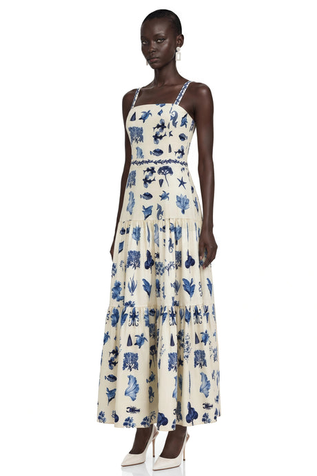 Andromeda Midi Dress Blue Floral Print with Spaghetti Straps