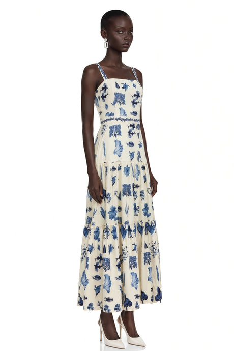 Andromeda Midi Dress Blue Floral Print with Spaghetti Straps