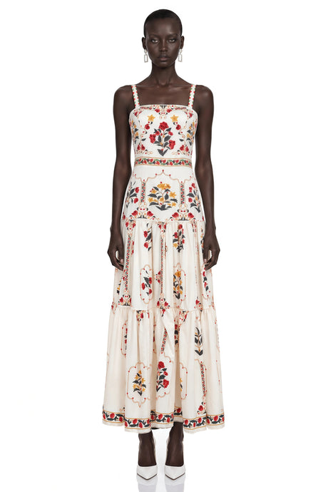 Taylor Midi Dress Cream Floral Print with Spaghetti Straps
