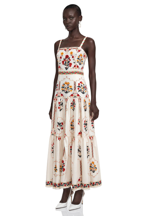 Taylor Midi Dress Cream Floral Print with Spaghetti Straps