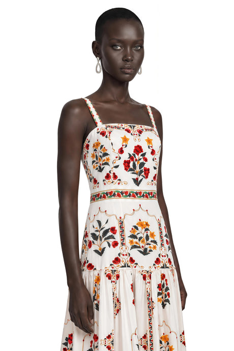 Taylor Midi Dress Cream Floral Print with Spaghetti Straps