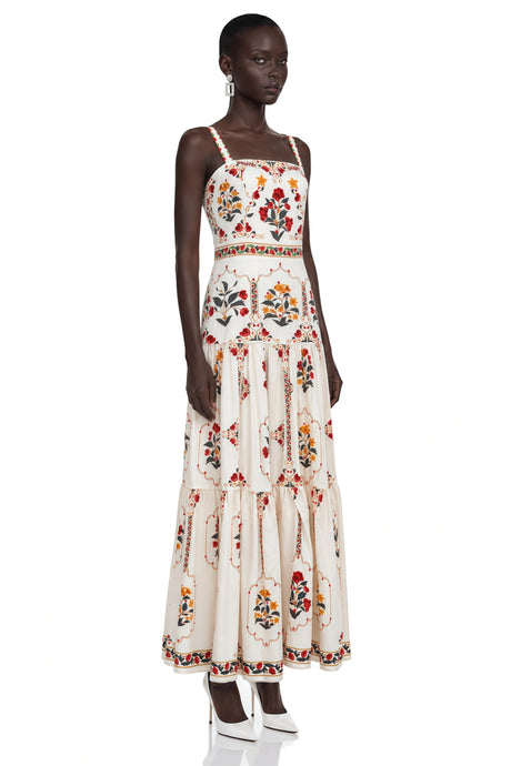 Taylor Midi Dress Cream Floral Print with Spaghetti Straps