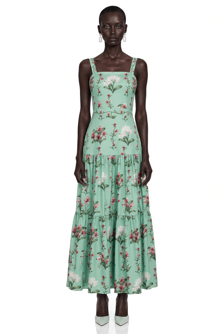 Lucrezia Midi Dress Green Floral Print with Spaghetti Straps