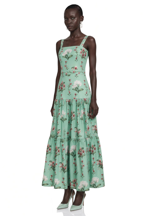 Lucrezia Midi Dress Green Floral Print with Spaghetti Straps