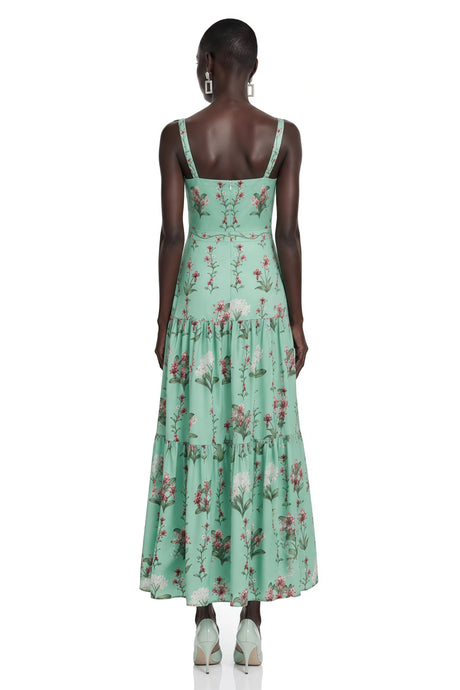 Lucrezia Midi Dress Green Floral Print with Spaghetti Straps