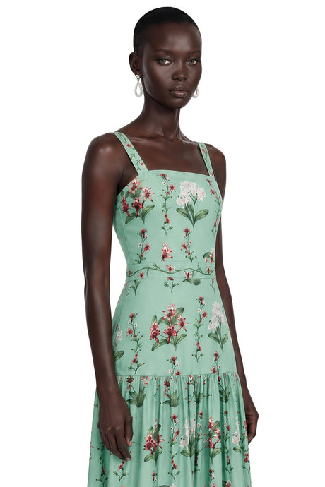 Lucrezia Midi Dress Green Floral Print with Spaghetti Straps