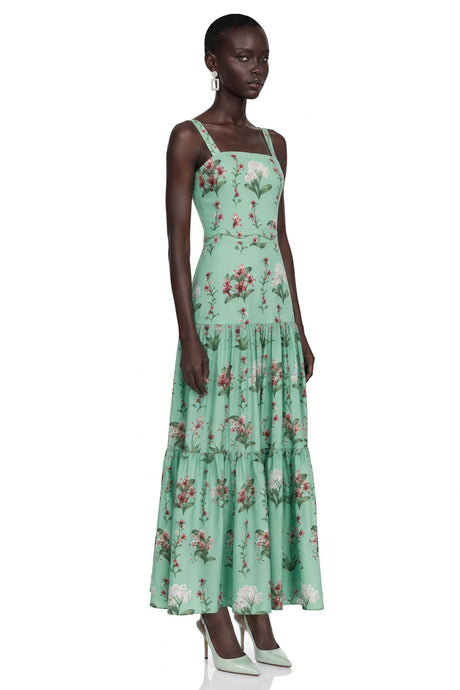 Lucrezia Midi Dress Green Floral Print with Spaghetti Straps