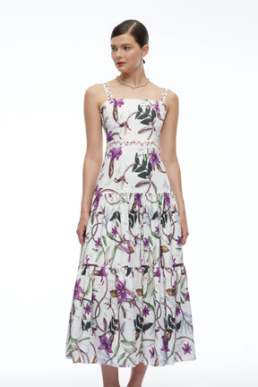 Delilah White Floral Print Midi Dress with Spaghetti Straps