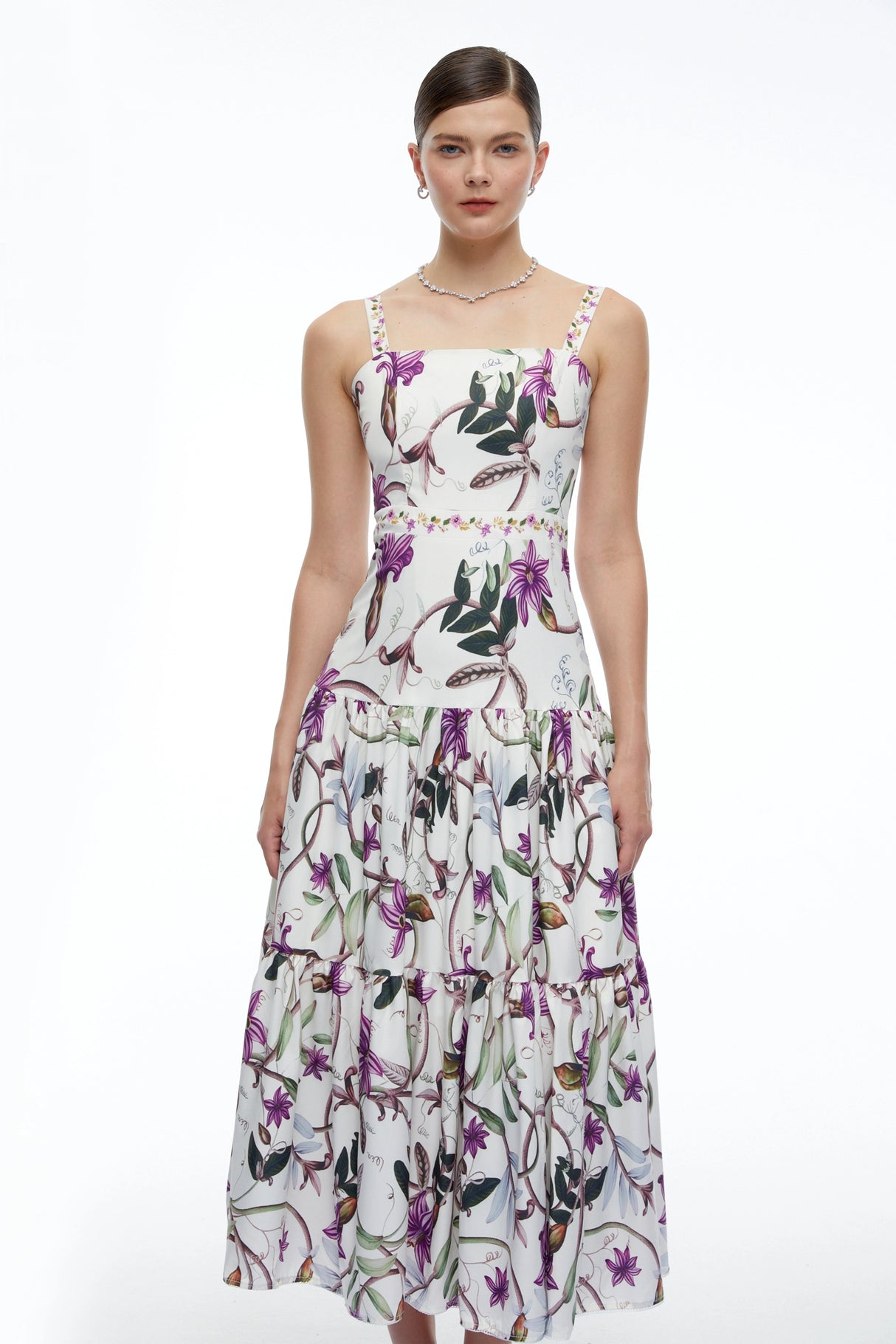 Delilah White Floral Print Midi Dress with Spaghetti Straps