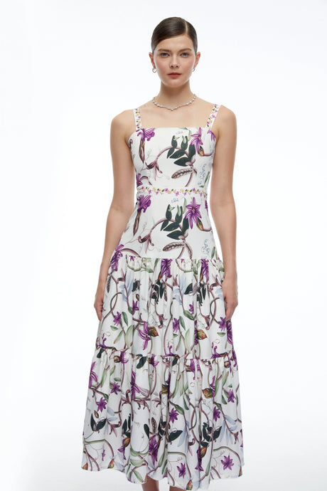 Angelina Midi Dress White Floral Print with Spaghetti Straps