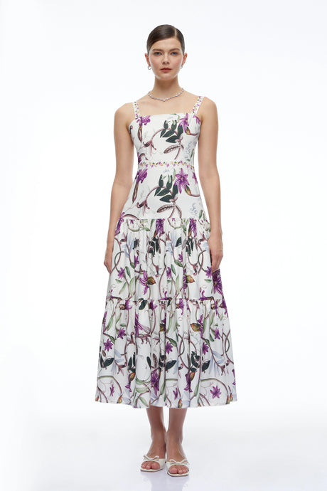 Angelina Midi Dress White Floral Print with Spaghetti Straps