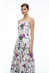 Delilah White Floral Print Midi Dress with Spaghetti Straps