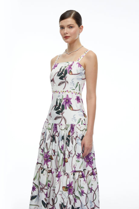Angelina Midi Dress White Floral Print with Spaghetti Straps