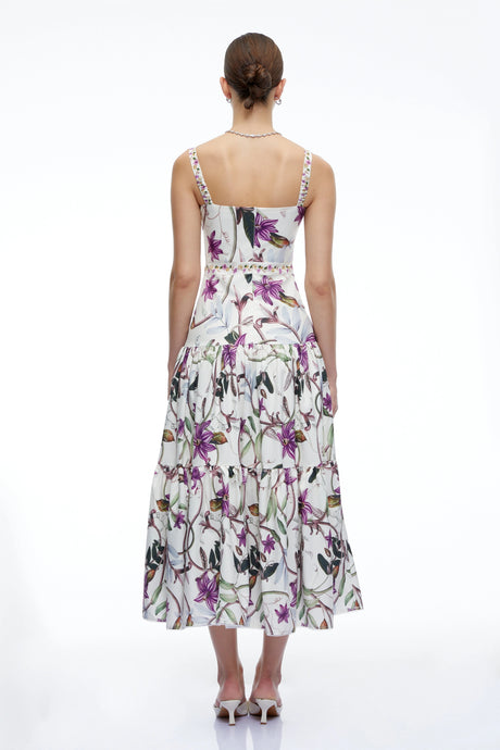 Angelina Midi Dress White Floral Print with Spaghetti Straps