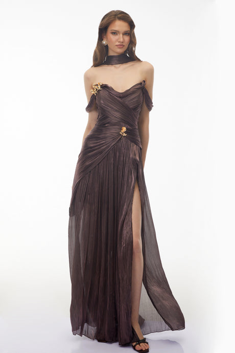 Priscilla Maxi Dress Chocolate Brown Off Shoulder Ruched