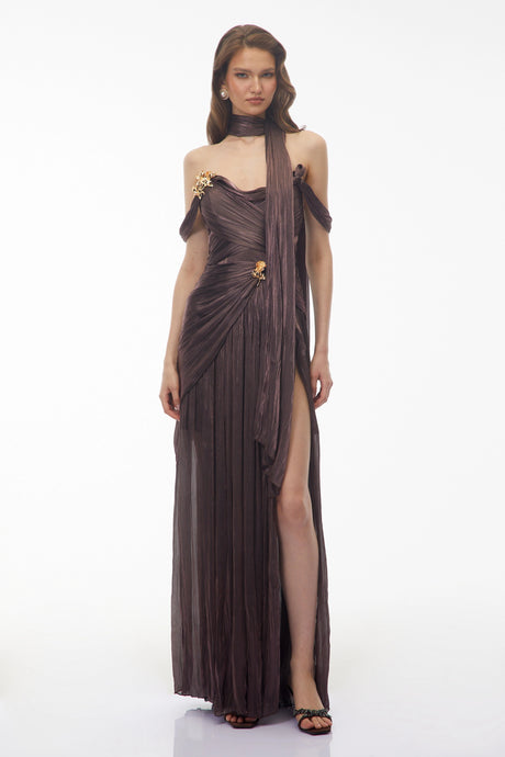Priscilla Maxi Dress Chocolate Brown Off Shoulder Ruched