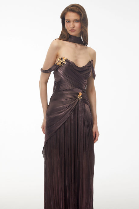 Priscilla Maxi Dress Chocolate Brown Off Shoulder Ruched