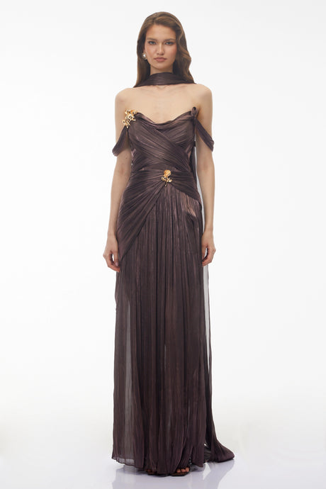 Priscilla Maxi Dress Chocolate Brown Off Shoulder Ruched