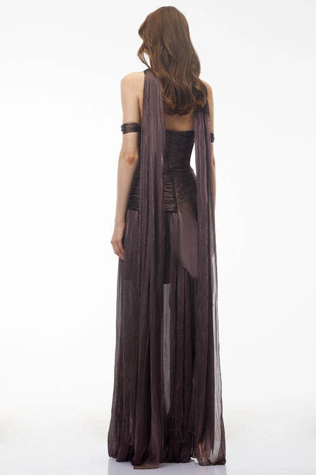 Priscilla Maxi Dress Chocolate Brown Off Shoulder Ruched